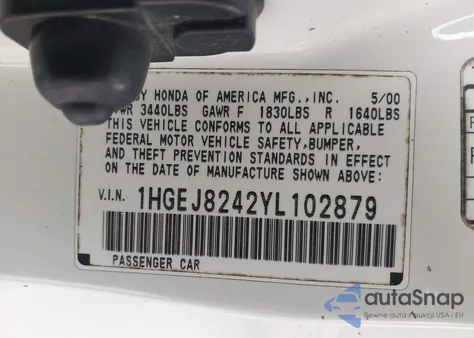 2000 Honda Civic Ex z USA, uszkodzony, nr VIN 1HGEJ8242YL102879